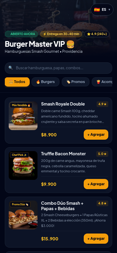 Página de menú para restaurante
